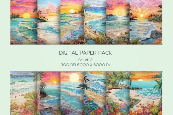 3D Beach Landscape Embroidery Paper Set