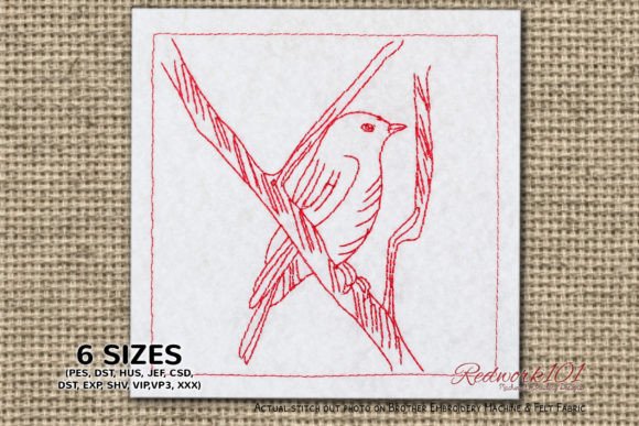 Bluebird on Branch Redwork Embroidery