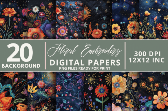 Cosmic Floral Embroidery Digital Papers