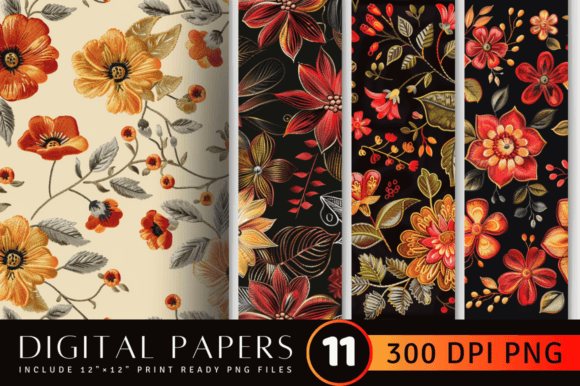 Fall Embroidery Flowers Digital Paper