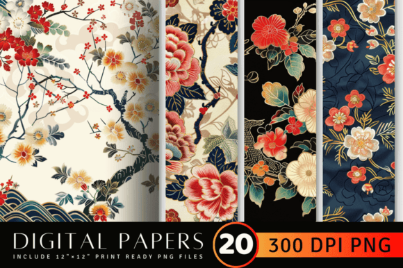 Japanese Floral Embroidery Digital Paper