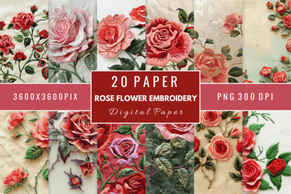 Rose Flower Embroidery Digital Papers