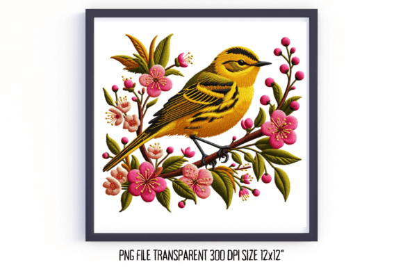 Warbler Cherry Blossom Embroidery PNG